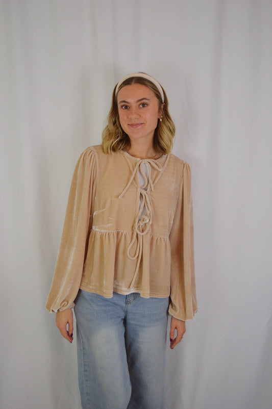 CREAM VELVET TIE FRONT BLOUSE