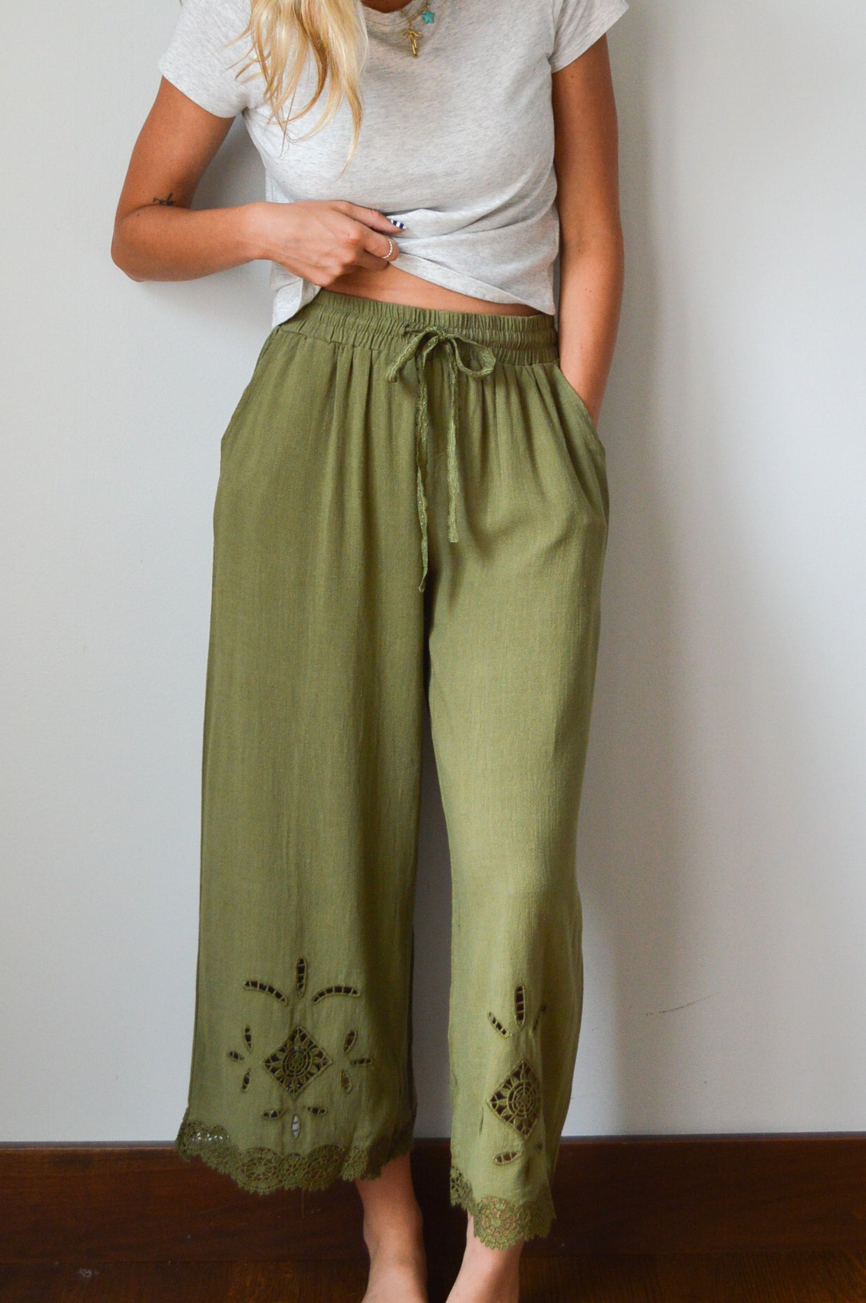 GIANA OLIVE LACE INSET PANTS