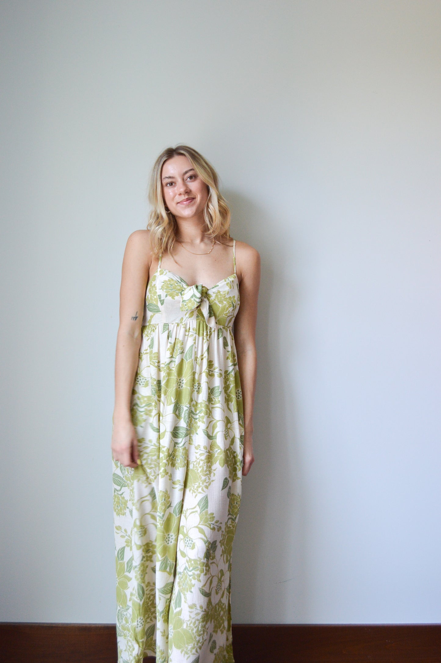matcha green bow floral jumpsuit