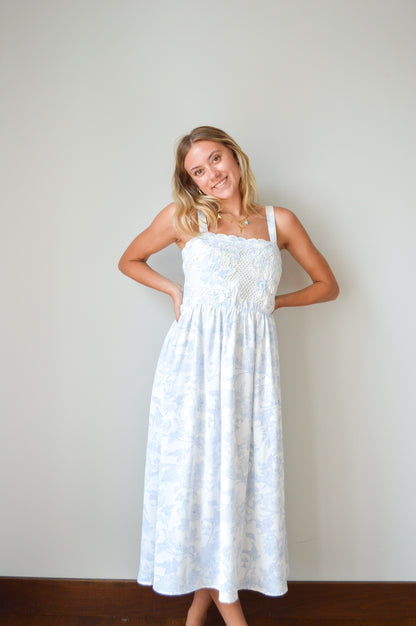 FRANCESCA BLUE FLORAL SCALLOP & LACE MAXI DRESS