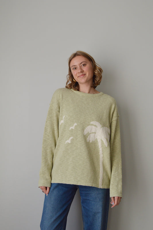 Person wearing a light green sweater with a palm tree pattern on a plain background