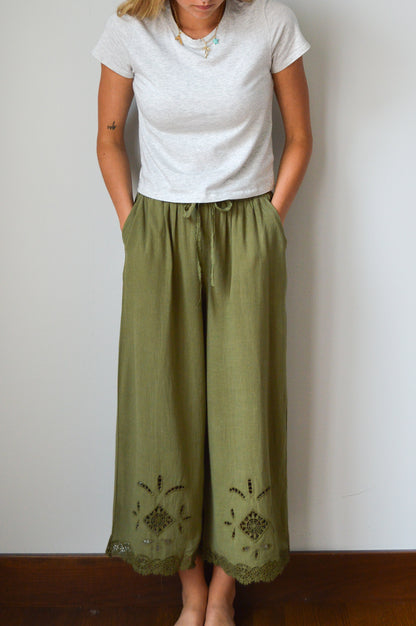 GIANA OLIVE LACE INSET PANTS