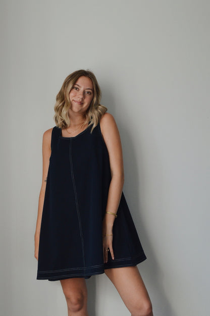 NAVY SCOOP NECK MINI DRESS