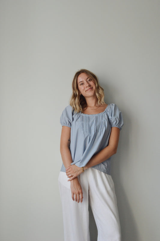 DUSTY BLUE EMBROIDERED TOP