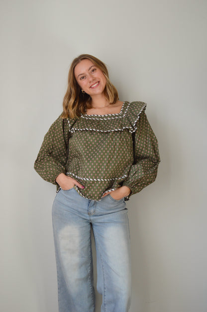 TRADITIONS OLIVE PRINTED BLOUSE