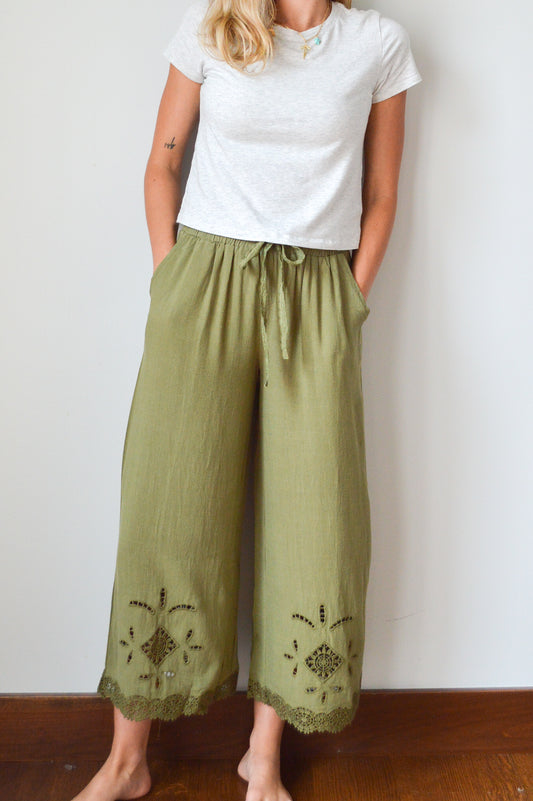 GIANA OLIVE LACE INSET PANTS