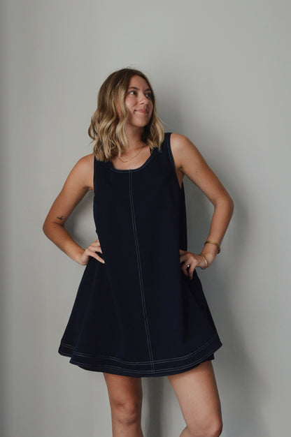 NAVY SCOOP NECK MINI DRESS