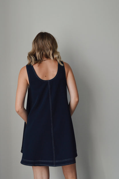 NAVY SCOOP NECK MINI DRESS