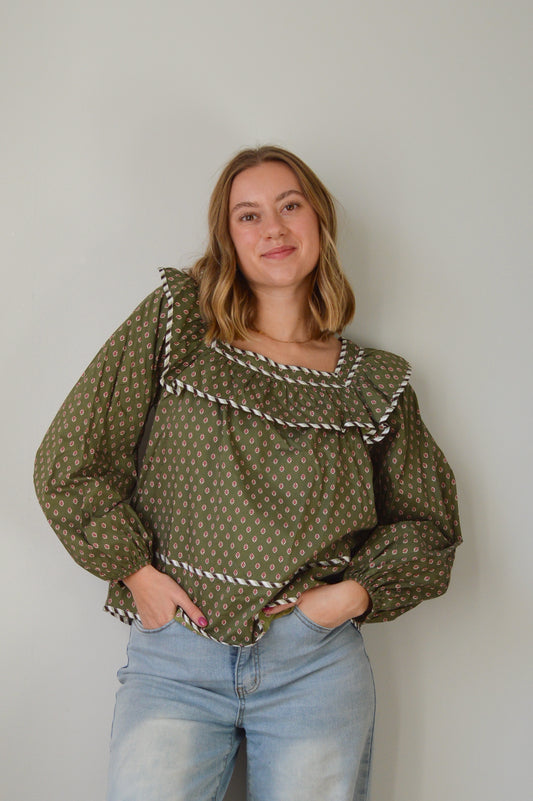 TRADITIONS OLIVE PRINTED BLOUSE