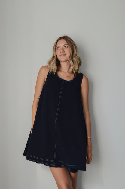 NAVY SCOOP NECK MINI DRESS