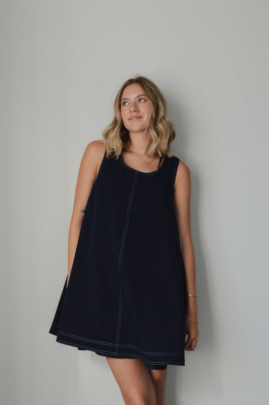 NAVY SCOOP NECK MINI DRESS