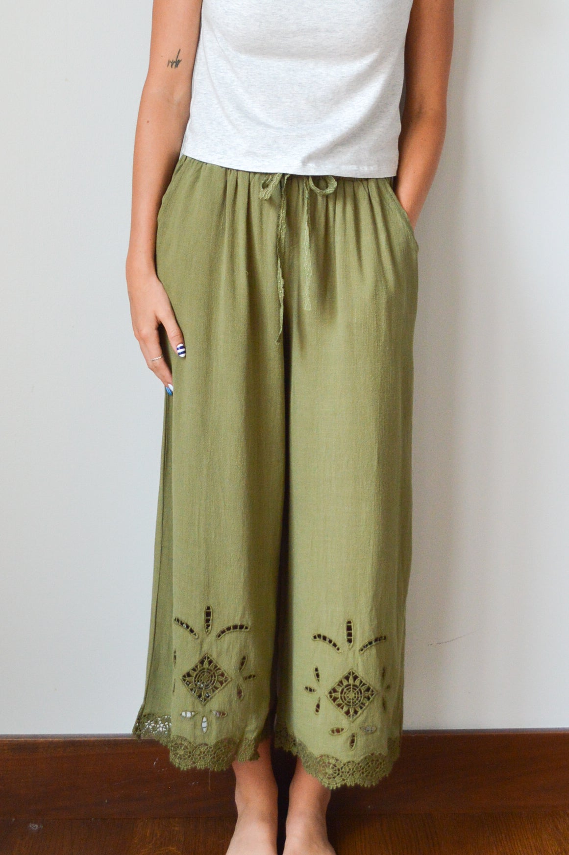 GIANA OLIVE LACE INSET PANTS