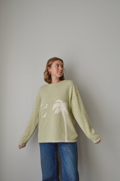 Person wearing a light green sweater with a palm tree pattern on a plain background