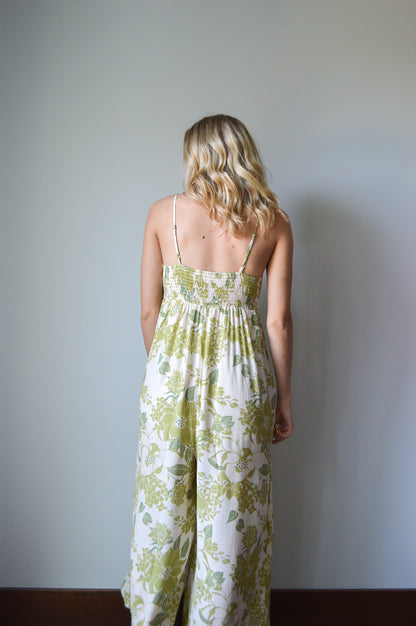 matcha green bow floral jumpsuit