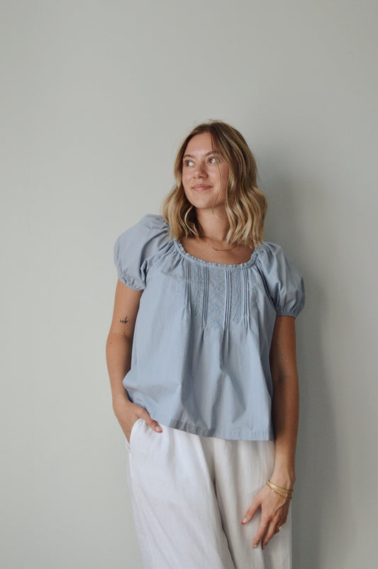 DUSTY BLUE EMBROIDERED TOP