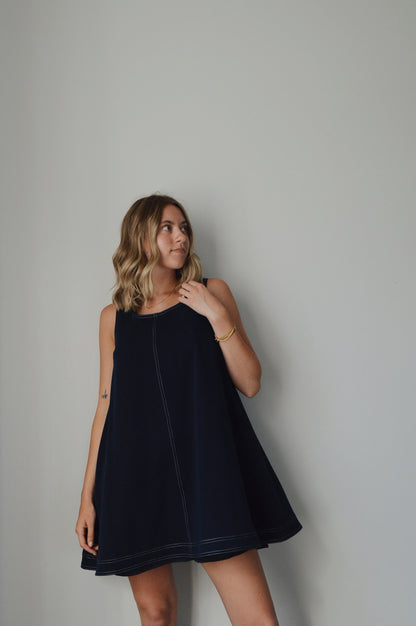 NAVY SCOOP NECK MINI DRESS